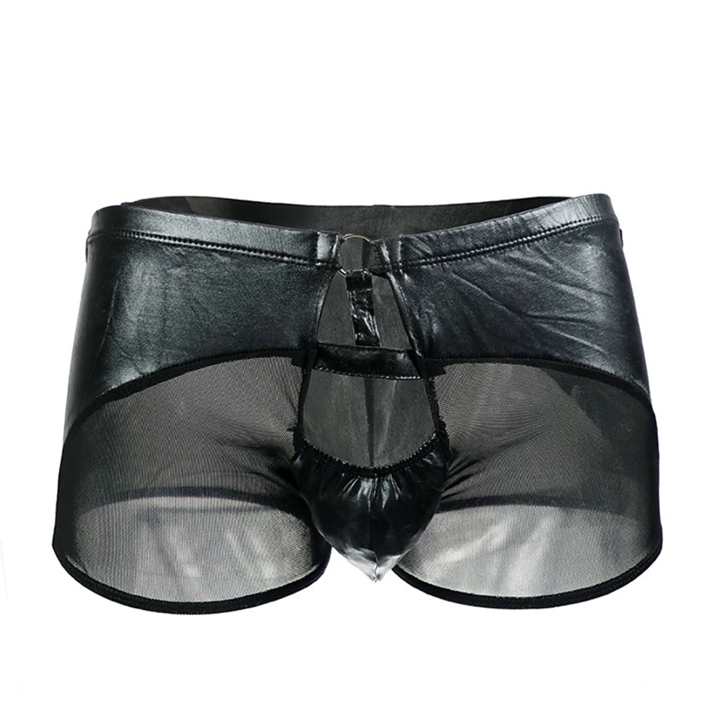 

Exposed Cock Boxershorts Men Wet Look Faux Leather Mesh Boxer Briefs Trunks Sexy Underwear Underpants Breathable Boxer Shorts