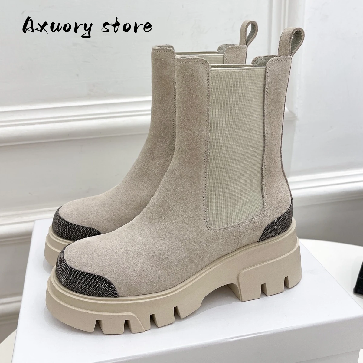 2023 New Motorcycle Boots Women Chain Decoration Round Toe Chelsea Boots Woman Flat Platform Shoes Casual