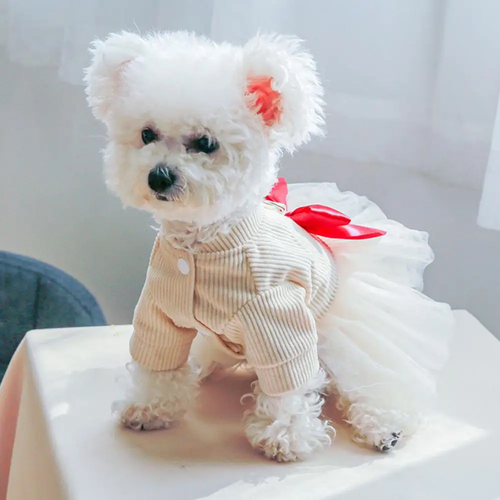 

Pet Dog Dress Mesh Splicing Round Neck Bowknot Two-legged Pet Dog Cat Princess Tulle Skirt Daily Wear