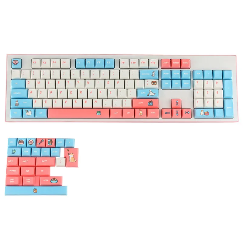 

126 Keys Blue pink cat Keycaps PBT Dye Sublimation Key Caps XDA Profile Keycap With ISO Enter 1.75u 2u Shift