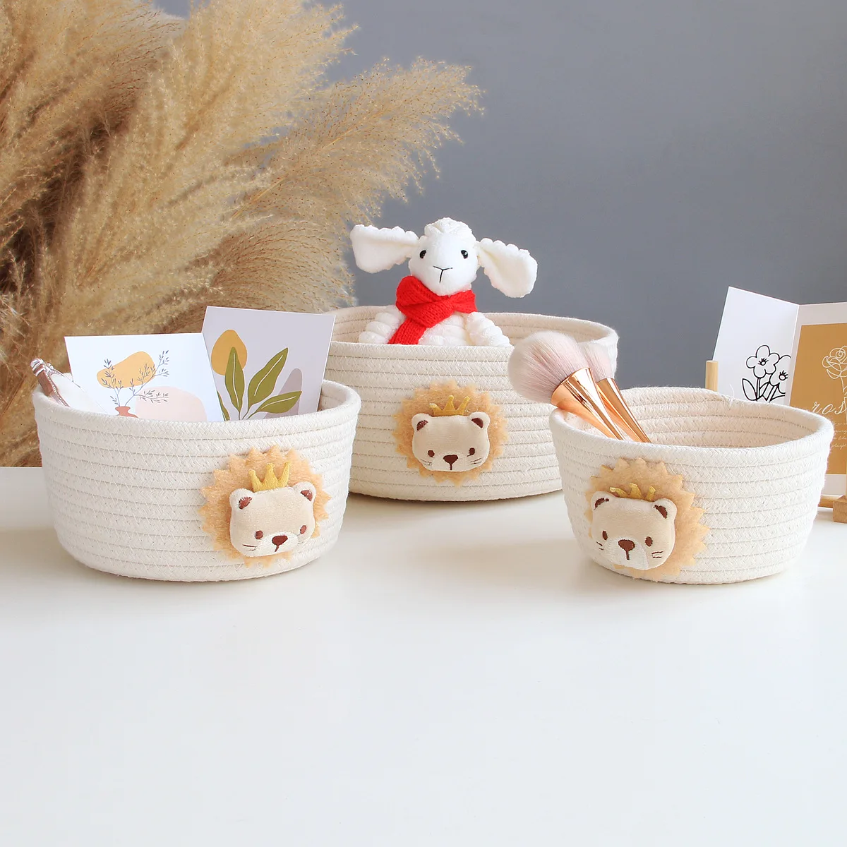 

Cartoon Pattern Storage Baskets Cotton Rope Woven Desktop Stationery Sundries Organize Bedroom Rag Doll Cards Cosmetics Boxes