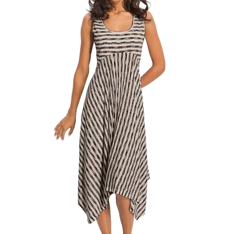 

Women Casual T-Shirt Dress Sleeveless Swing Dress Dress Striped Midi Dress 57BD
