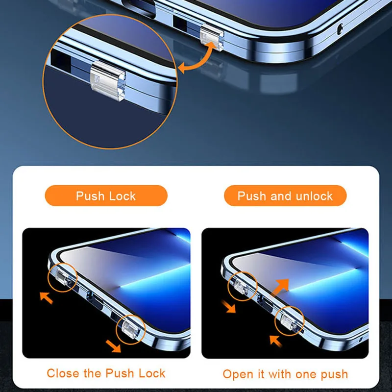 Double Sided Glass Anti-Peeping Privacy Metal Magnetic Buckle Case For iPhone 14 13 11 12 Pro Max With Camera Lens Protect Cover