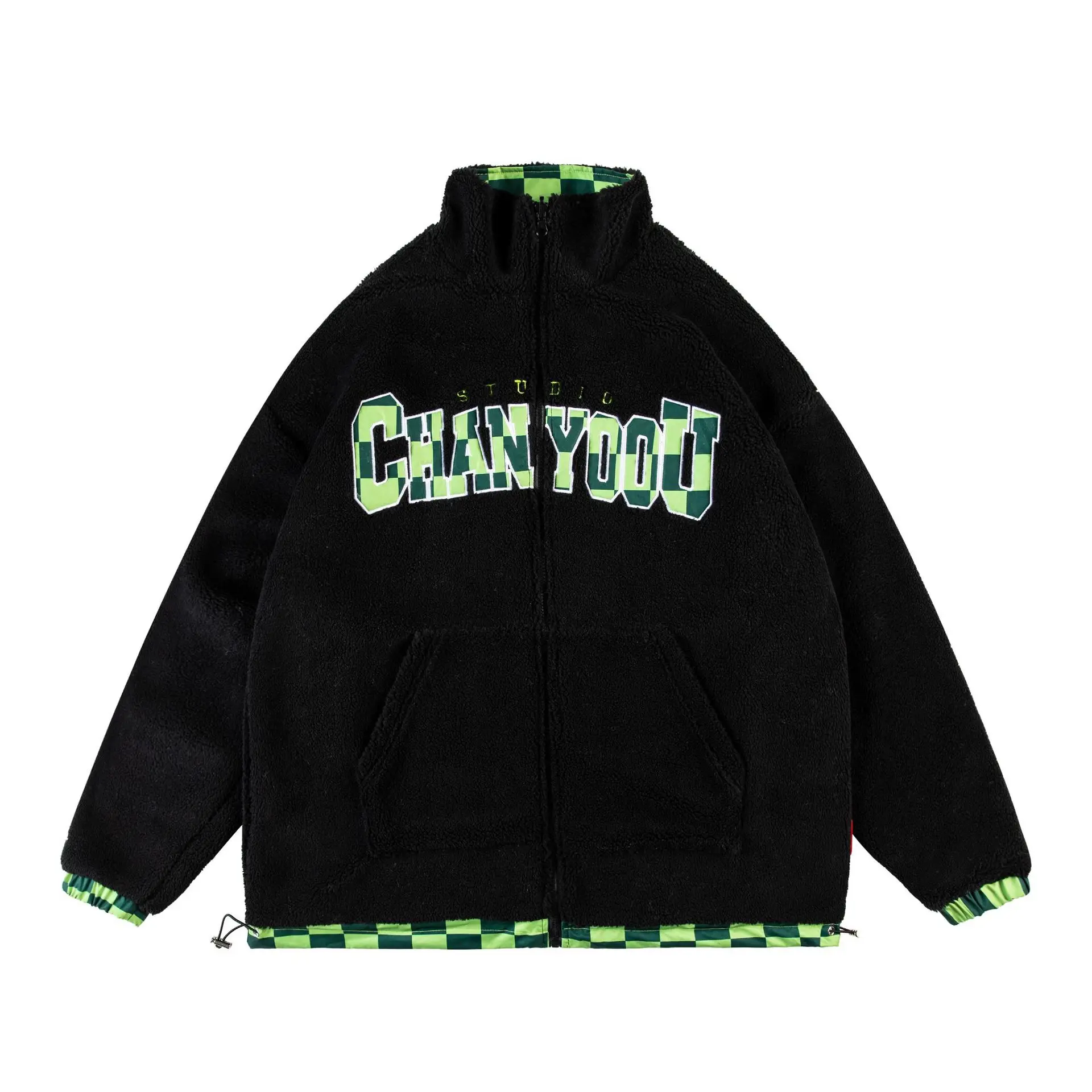 American hiphop double-sided checkerboard cotton clothing men's and women's winter national tide thickened lamb velvet jacket