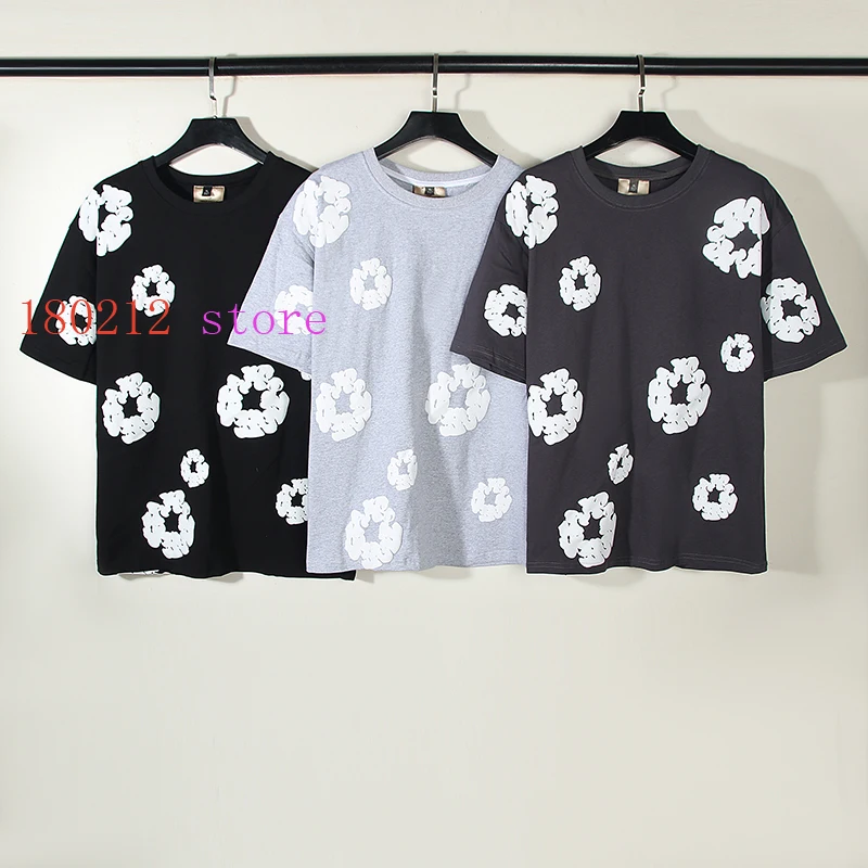 

2023 Puff Kapok Flower Print Loose Kanye Short Sleeve Men Women High Quality Oversize Streetwear T Shirt