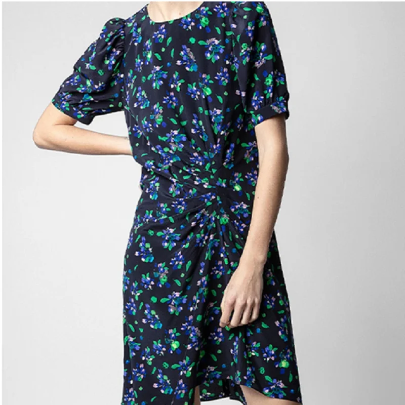 Women Pleated Irregular Mini Robe 100% Silk Floral Letter Printing Short Sleeve O-neck Dress