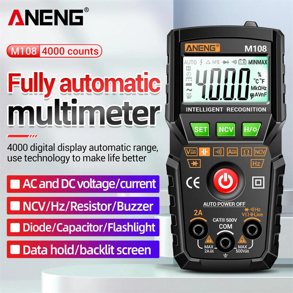 

ANENG M107/M108 Mini Digital Multimeter High Precision 4000 Counts AC/DC Voltage Current Tester Resistance Capacitance Meter