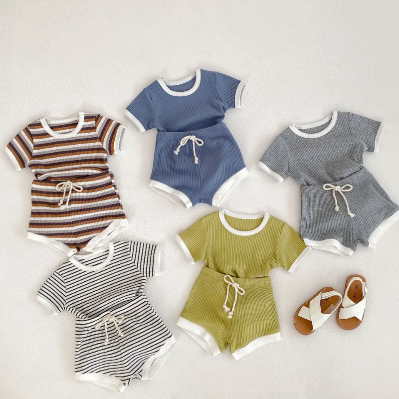 

New Summer Stripe Sets Casual and Minimalist Sets Striped Short Sleeve Shorts Suit Cotton Soft Clothes Boys Clothes
