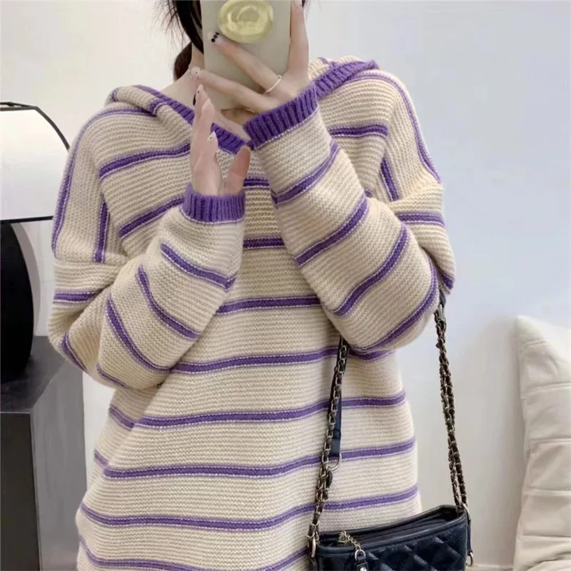 

Новинка сезона осень-зима 2022, вязаная одежда в полоску с капюшоном, женский свободный свитер с длинным рукавом, верхняя одежда