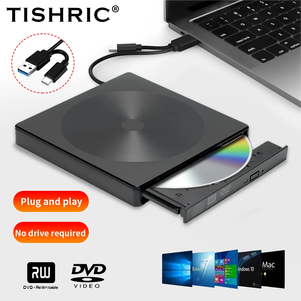 

TISHRIC USB 3.0 Type C Portable External DVD CD Burner Drive Writer Drive Burner Reader Player Optical Drives For PC Laptop