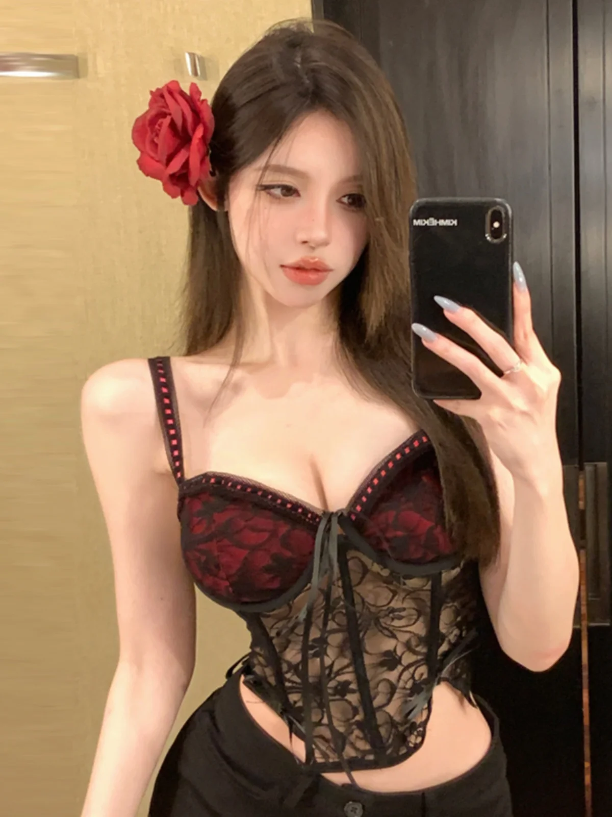 Gyaru Sweet Cool Sle Lace Fake Two Layers Pleat Cami Women Summer Design Sense Fishbone Slim fit Sexy Top