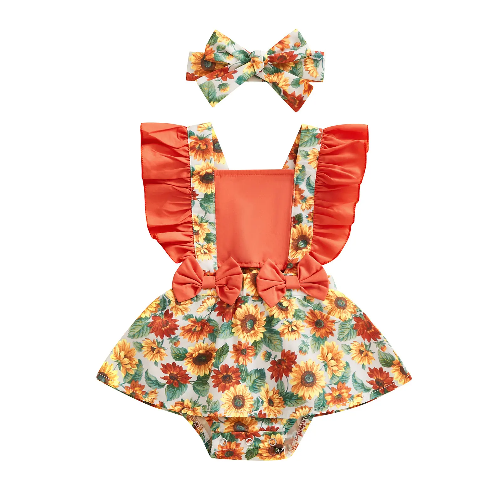 

Baby Girls Romper Dress Set Sunflower Print Summer Casual Fly Sleeve Jumpsuits with Headband for 0-18Months