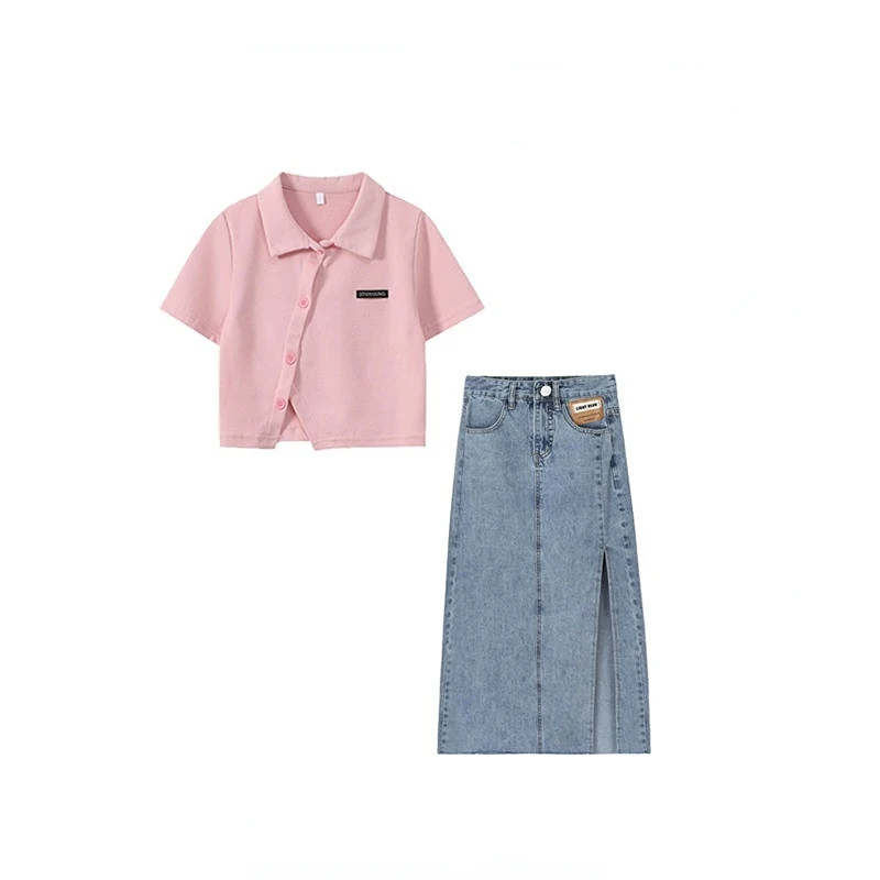 

Women's summer suit female 2023 new short-sleeved t-shirt female belly concealing thin denim half-body skirt two-piece