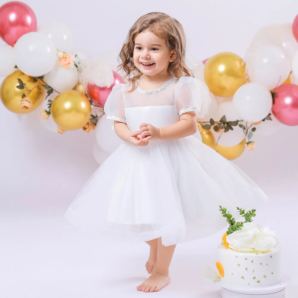 

Girls Casual Dresses Baby Korean Children Clothing Puff Sleeve Mesh Yarn Princess Style New Round Collar Soild Puff Sleeve