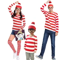 parent child wheres wally costumes adult child anime waldo cosplay game uniform red stripe shirt hat glasses christmas outfit