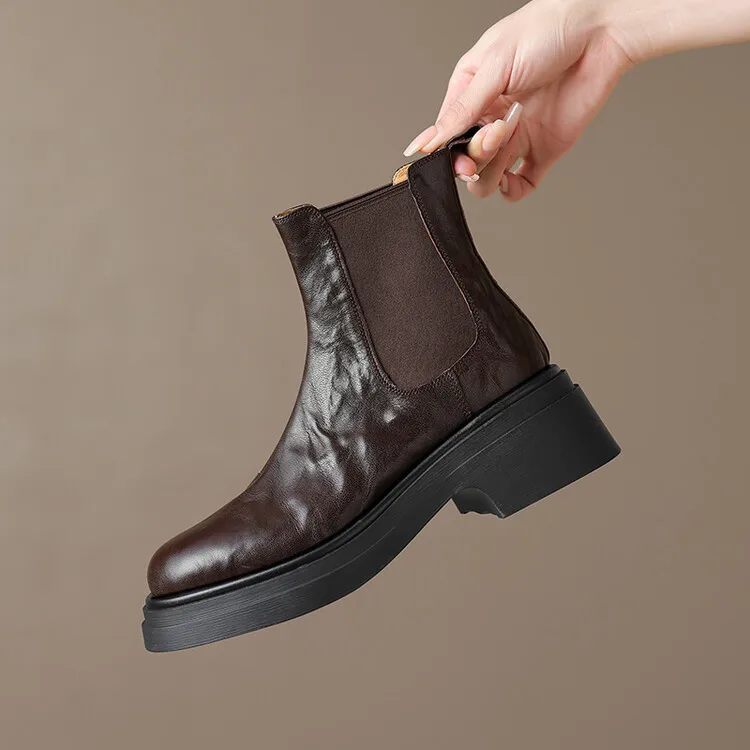 

Женские Плиссированные кожаные короткие ботинки, осенние ботинки для верховой езды на платформе и толстой подошве, мотоциклетные ботинки на квадратном каблуке с резинкой