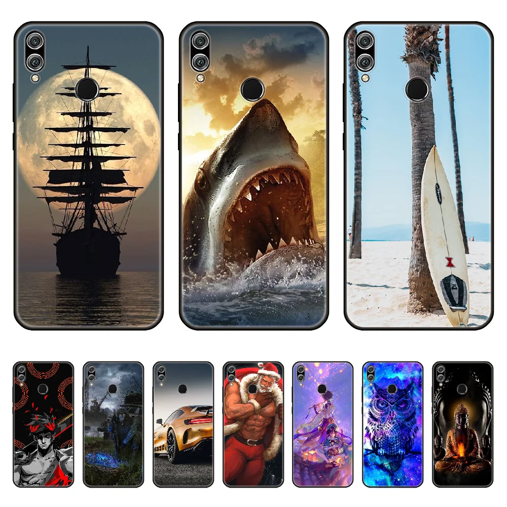 Чехол для телефона "Акула" Huawei Honor 8X A Pro, мягкий термопластичный полиуретан, чёрный, с изображением скейтборда.