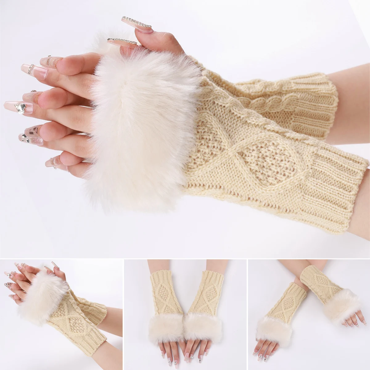 

Woman Casual Open-finger Gloves with Fluffy Sleeve Cuff Comfortable Knit Design for Women All-Match Outfit d88