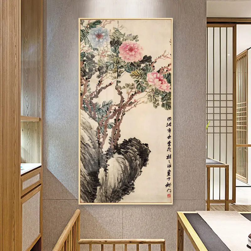 Китайский стиль тушь цветок птица холст картина красивое растение большой