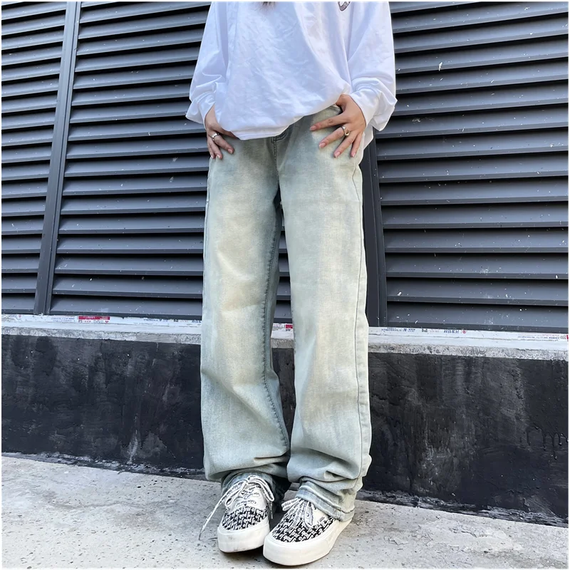 Men's Wear New Vintage Casual Jeans Yellow Mud Dyed Broad Leg Pants High Street Loose Straight Trousers Autumn and Winter Female
