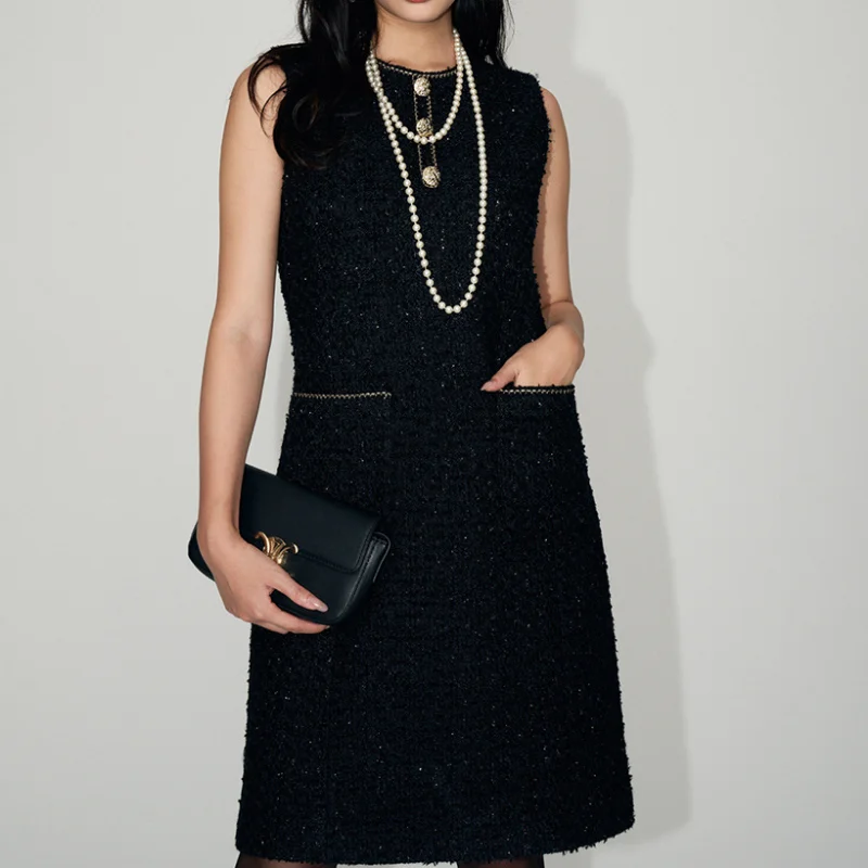 Женское твидовое платье без рукавов маленькое элегантное простое приталенное