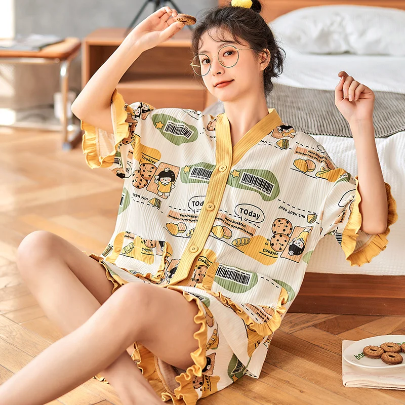 

Summer Cotton Women's Pajamas Set Cartoon Sleep Tops Shorts Sleepwear Suit Pijamas Female Homewear Plus Size 2XL Kimono Freeship