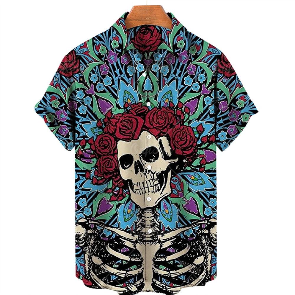 

Summer Men's Skull Print Hawaiian Shirt Short Sleeve Vintage V Neck One Button Tops Breathable Clothing Men/Women Fashion Shirts