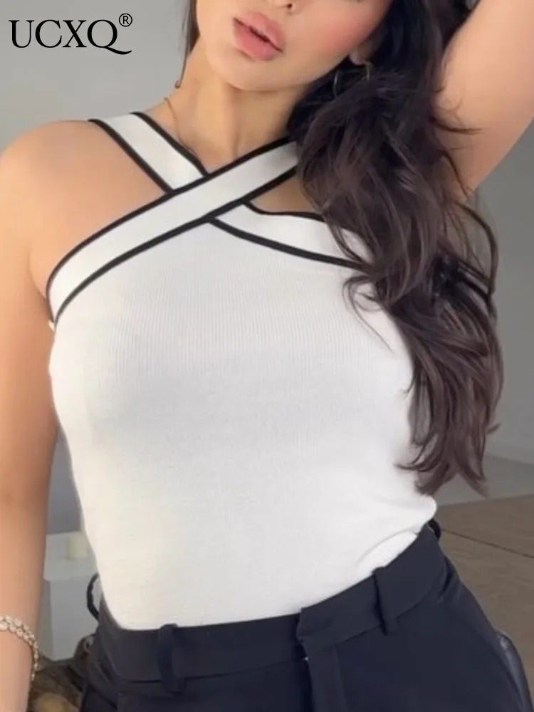 

UCXQ Sexy Contrast Color Cross V-neck Halter Sleeveless Sling Vests Tops Autumn 2023 New Slim Fit Underwear Female Tide 23A3296