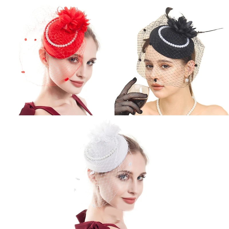 

Retro Pearl Veil Hat Shape Hair Pin Carnival Colorful Hair Holder Party Headwear