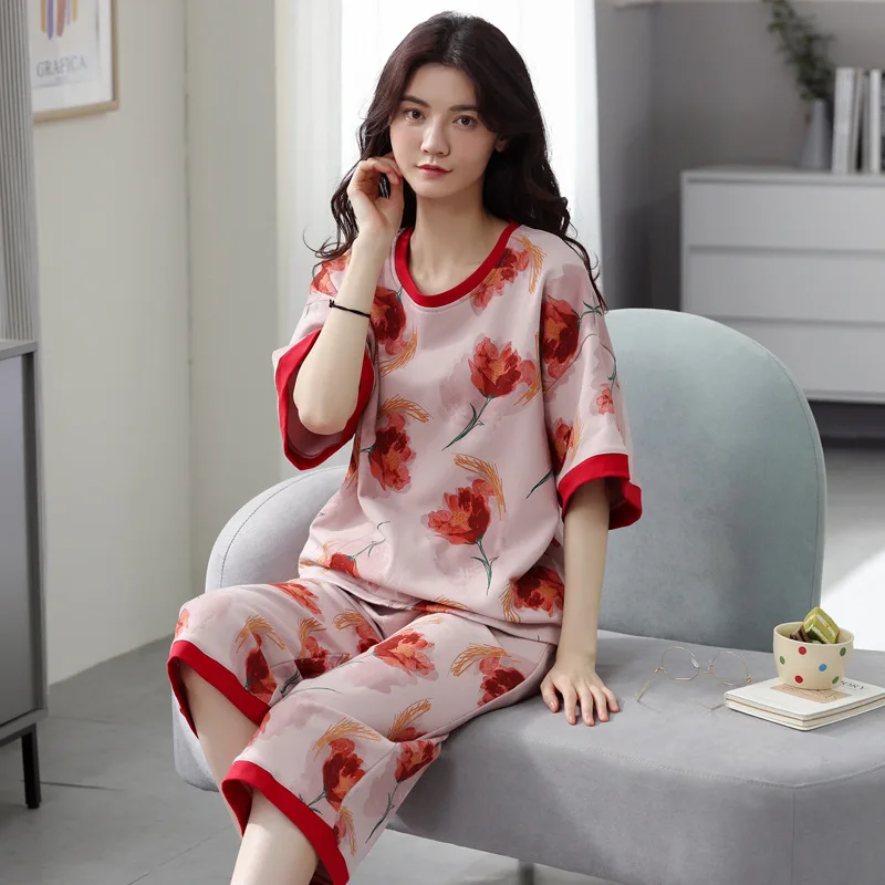 

Plus Size M-5XL Cotton Floral Pajamas Set Women Pyjamas Elegant Sleepwear Nightwear Pijama Mujer Calf-Length Pants Home Pjs
