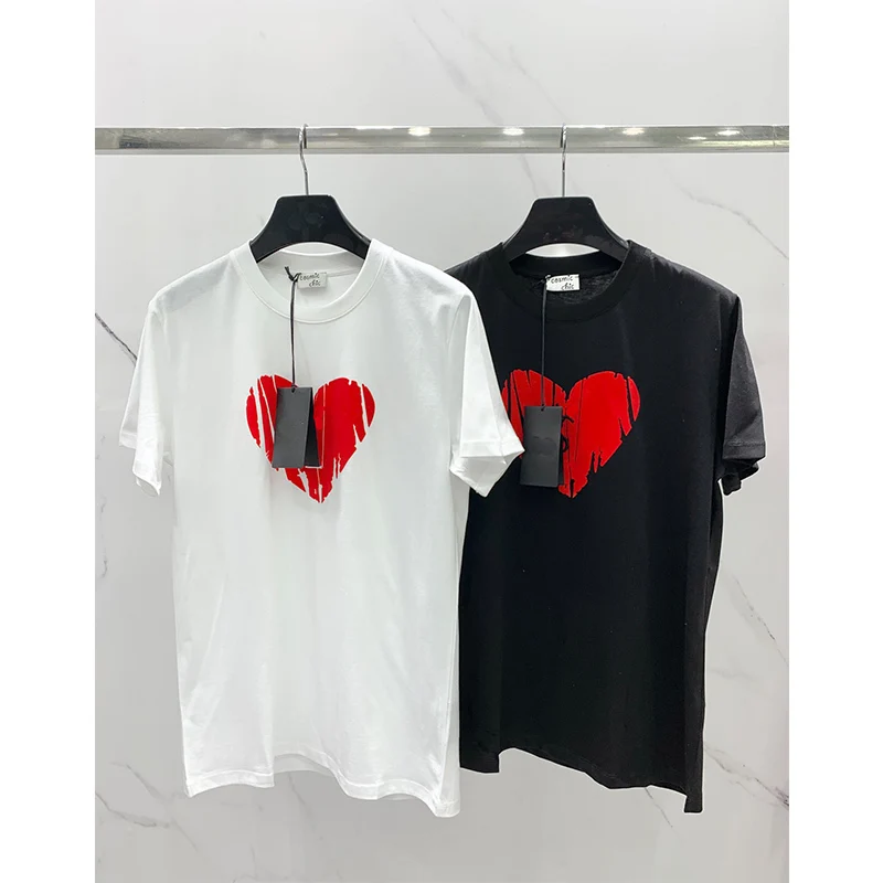 

22 Spring Summer Runway Velvet Heart Letter Embroidery Short Sleeve Casual Loose T-shirt Fashion O Neck Tees Elegant Female Top