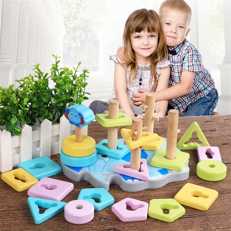 

Mini Wooden Montessori Toy Building Blocks Early Learning Educational Toys Color Shape Match Cognition Kids Toy for Boys Girls