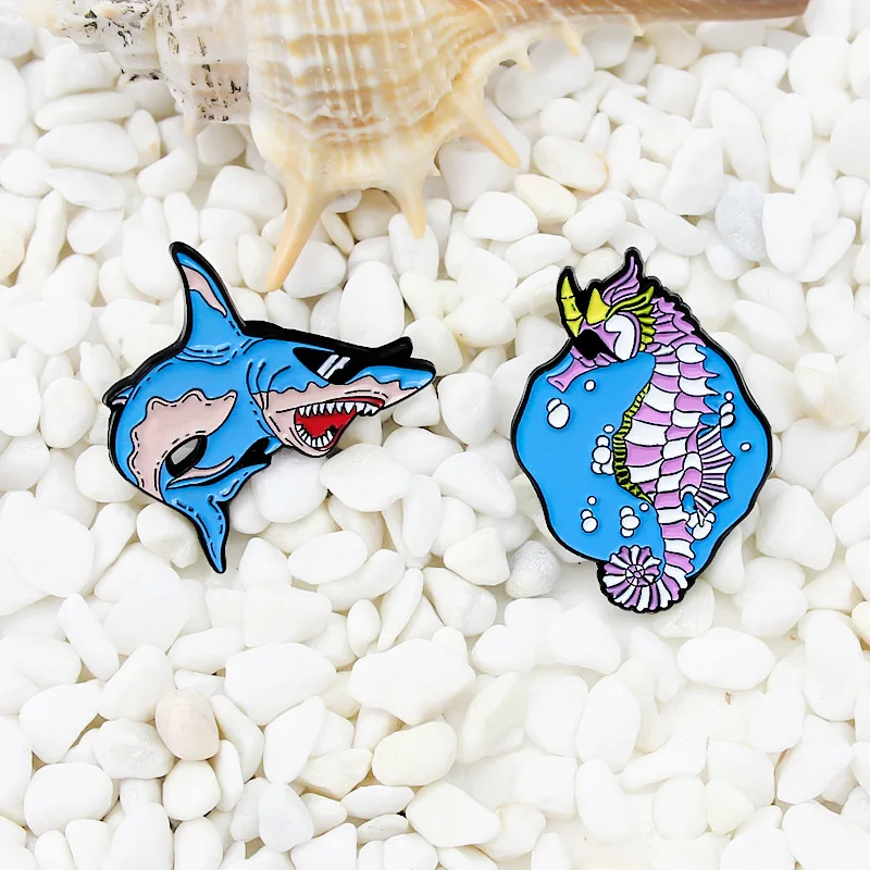 

Marine Animal Enamel Lapel Pins Custom Sunglasses With Shark And Hippo Brooches Fun Marine Life Badges Jewelry Gift For Kids