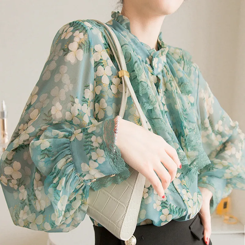 

Imitation Silk Long Sleeve Shirt Women Spring Autumn 2022 New Design Niche Loose Floral Ruffled Lace Top