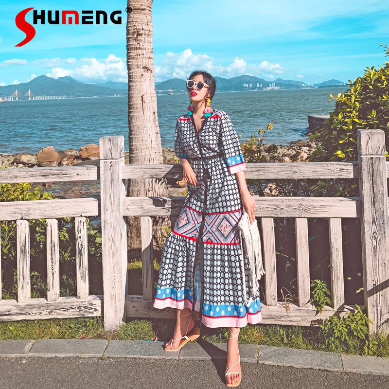 

Korean Fashion 2022 Spring Ethnic Style Vacation Beach Sun Protection Long Dress Bohemian Vintage Printed Elegant Dress Female