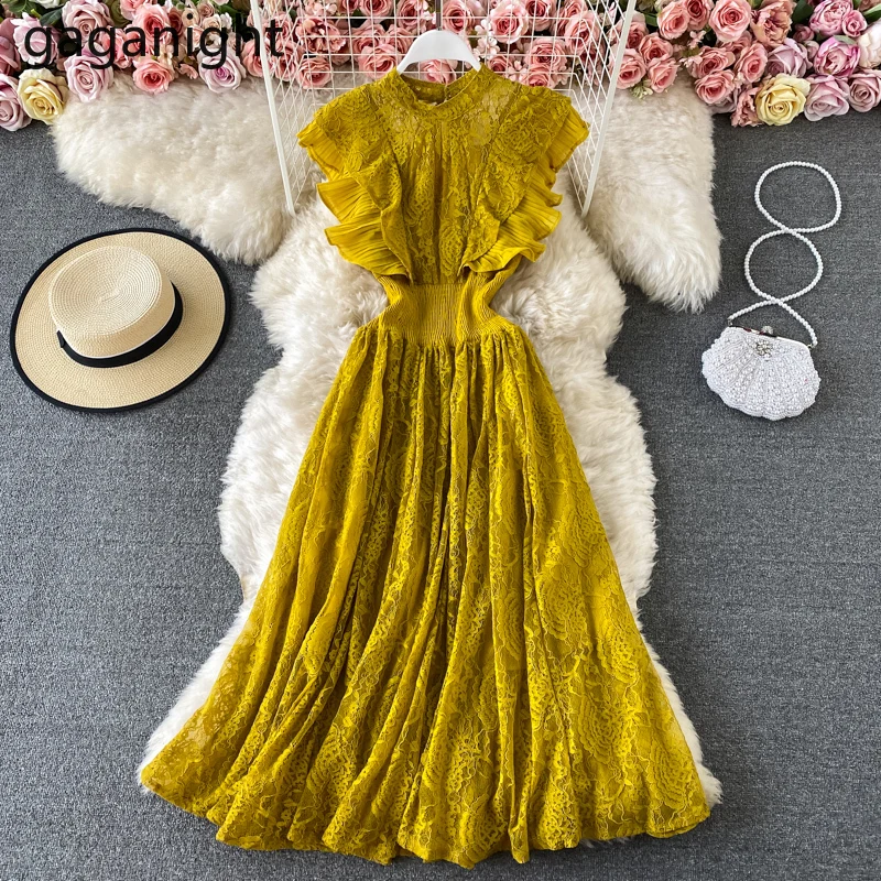 Женское кружевное платье без рукавов с круглым вырезом и оборками | Женская