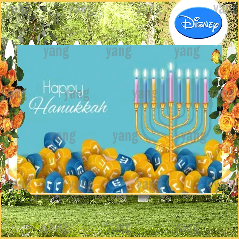 Candle Lights Warm Blue Backdrop Banner Wall Happy Hanukkah Custom Background Jewish Party Colorful Cartoon Bedroom Decoration