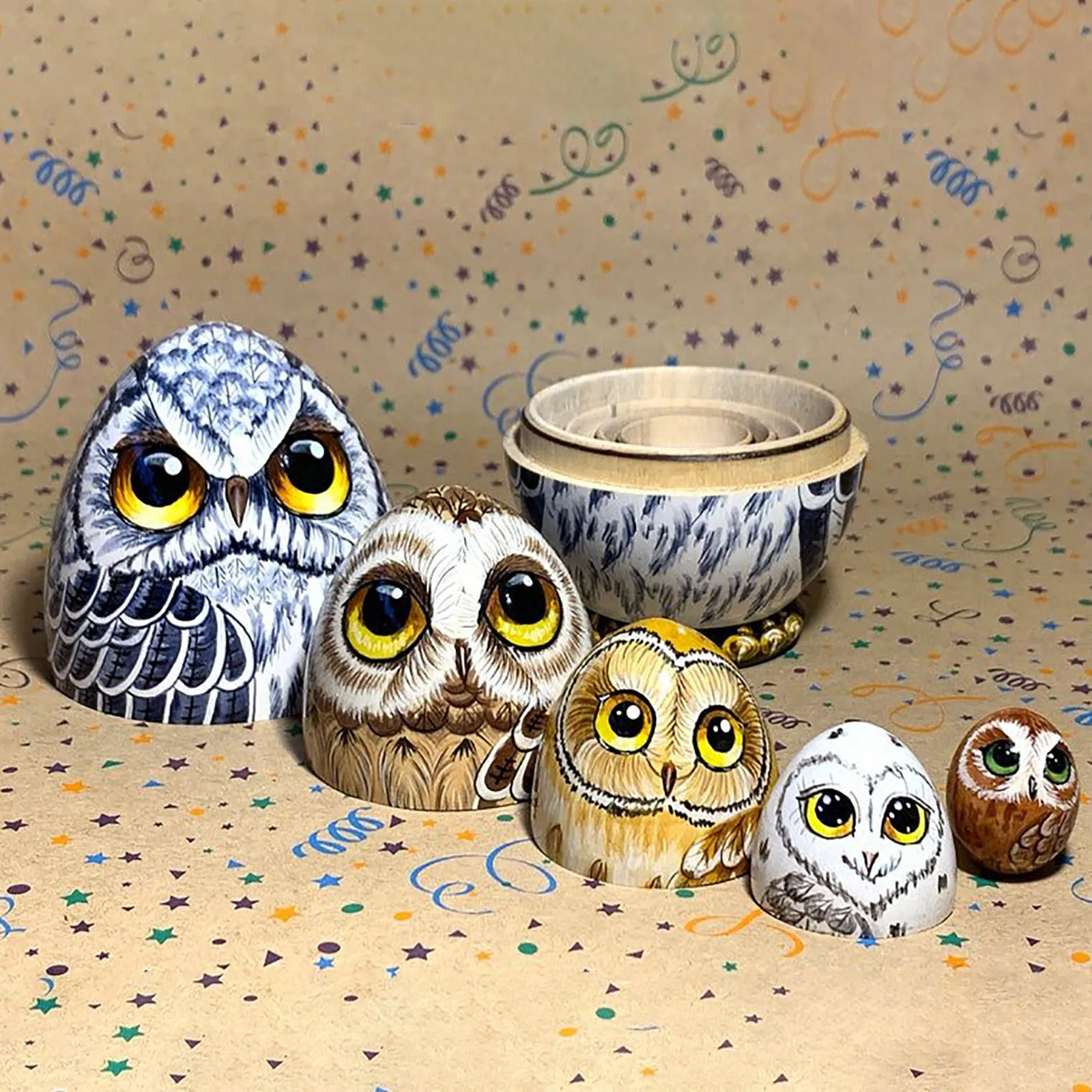 2022 Новый набор росписи яиц с совами Matryoshka Dolls ручной работы орнамент из дерева фигурки искусства игрушка в подарок на день рождения и Пасху для ребенка.