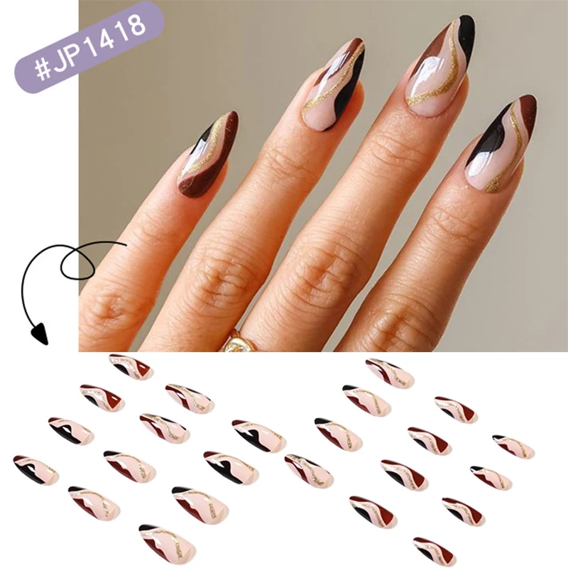 

New 24PCS Red Black Lines Fake Nails Long Pointed Head Sweet Style Press on Nails Wearable Finished Nail Piece with Glue Nails