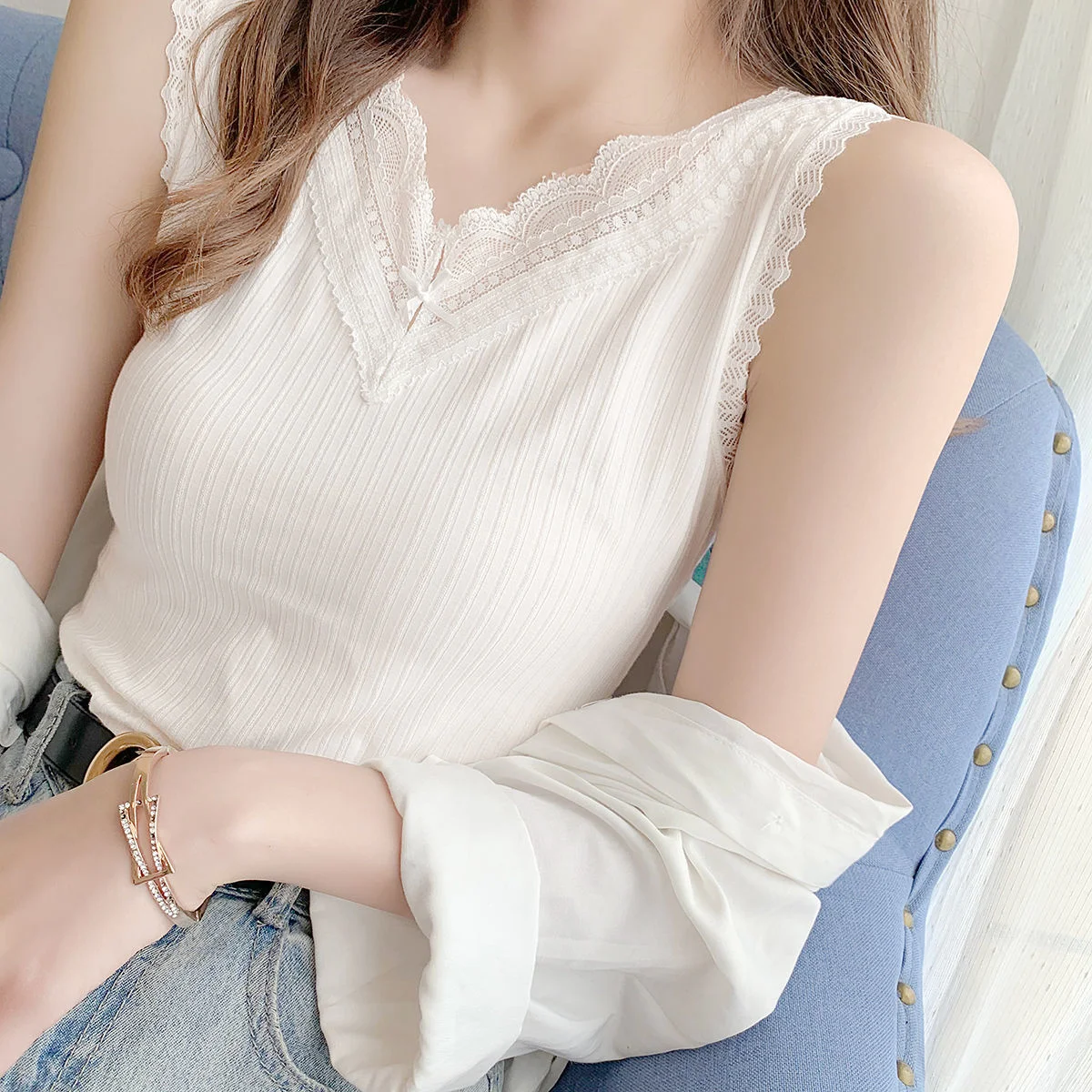 Корейская версия, жилет с кружевной нитью, женская одежда на подтяжках, снаружи и внутри, облегающая футболка без рукавов с верхней нитью