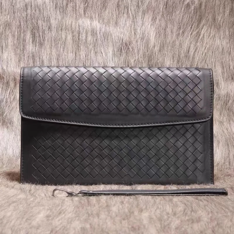 100% Cowhide Leather Handbag Men's Woven Briefcase Fashion Brand Wrist Bag Large Capacity Simple Envelope Bag Soft Luxury Wallet