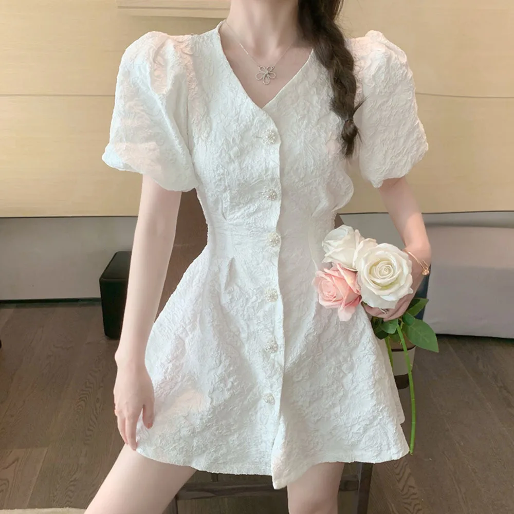 

French Sweet Backless Dress Womens Korean Fashion Textured Jacquard Waist Dress Summer Elegant Puff Sleeves Ladies Dresses