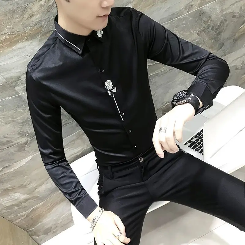 Turn-down Collar Buttoned Shirt Tops Party Mens Clothing Solid Color High Quality Shirts A54