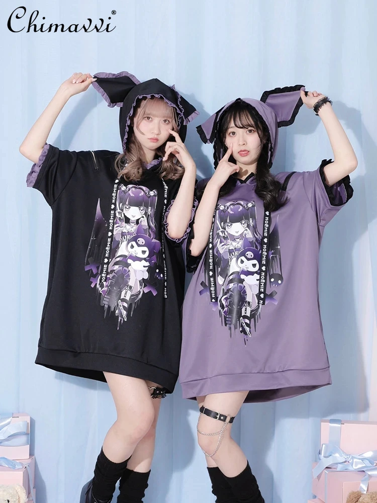 Женский пуловер с капюшоном Sanrio Kuromi футболка свободного покроя коротким рукавом