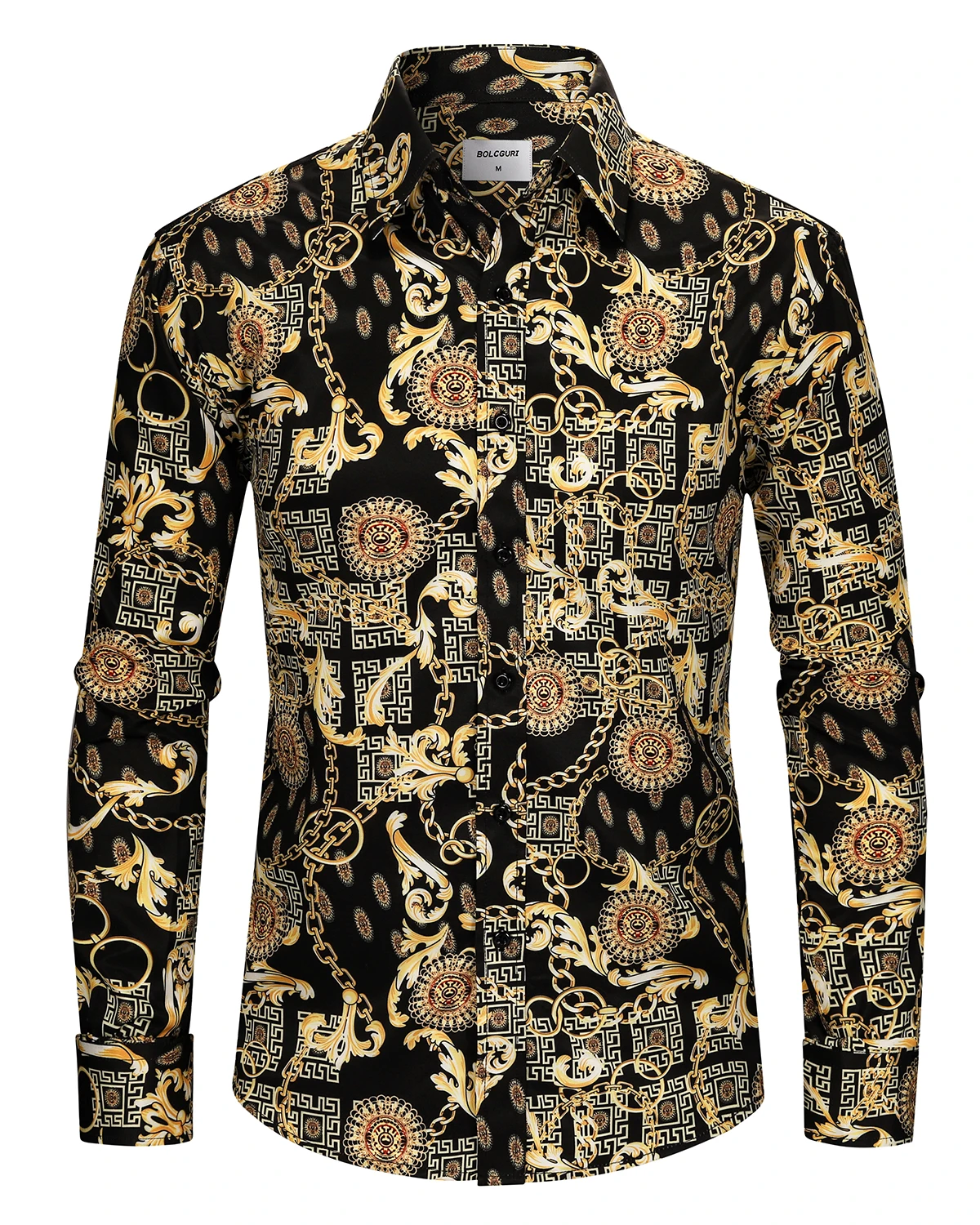 

White Silk Gold Chain Print Design Men's Shirt Fashion Banquet Party Wear Casual Comfortable Spring Summer Male Long Sleeves