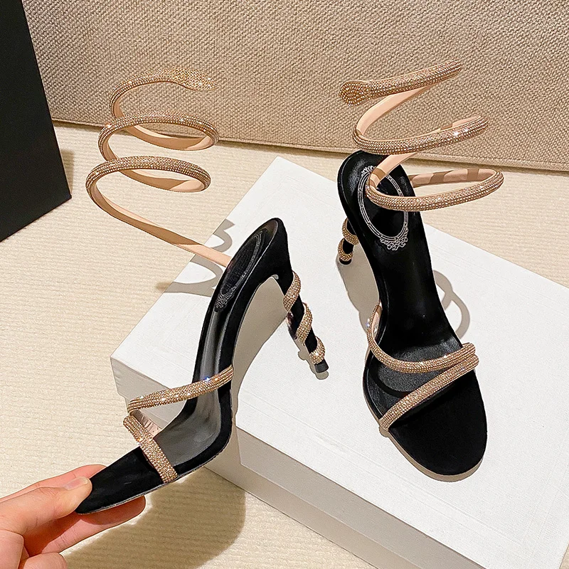 2023 New Style~Celebrity Diamond Ribbon Snake Shaped Fashion High Heel Thin Heel Round Toe Open Toe Women's Sandals