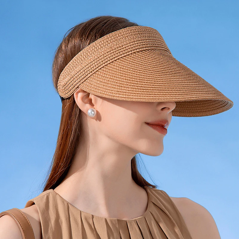 

Women Panama Straw Hats Summer UV Protection Sun Beach Cap Female Empty Top Visor Caps Outdoor Long Wide Brim Ponytail Hats