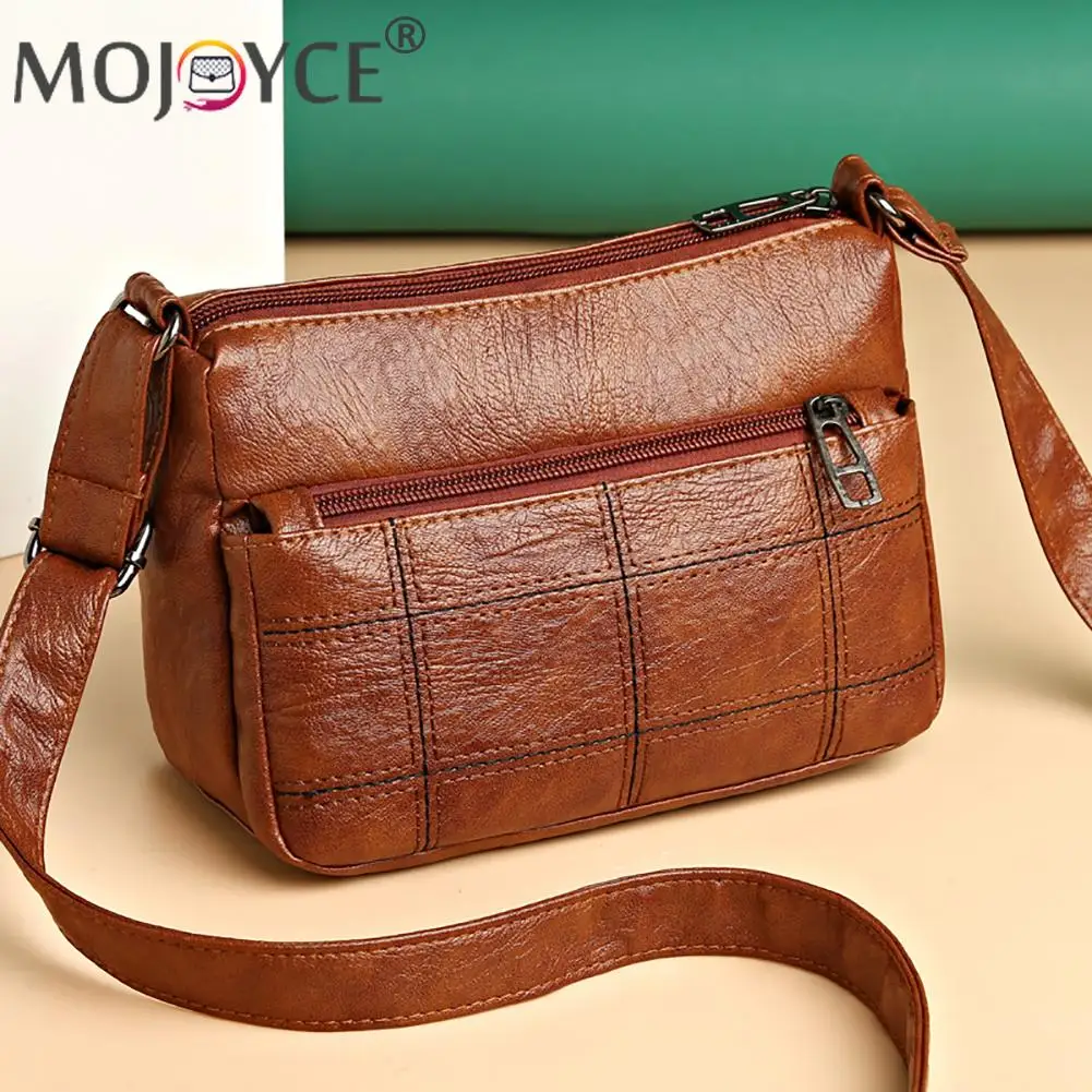 

Vintage Women PU Leather Zipper Messenger Handbag Portable Travel Solid Color Embroidery Thread Shoulder Crossbody Bags
