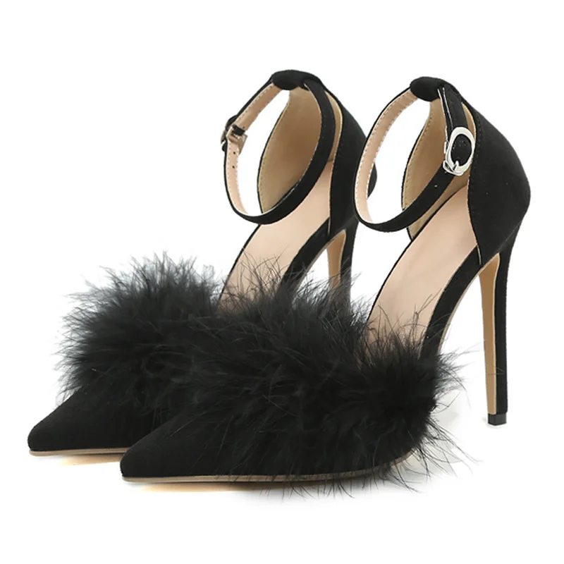 

Brand Women Sandals Luxury Sexy Pointed Toe Buckle Strap Flock 11.5CM Thin Heels Novelty Dress Sandals Women Shoes black