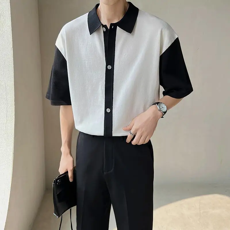 

Летняя Модная вязаная рубашка-поло, мужские высококачественные Топы в стиле пэчворк, Повседневный корейский пуловер, Мужская модель с коро...